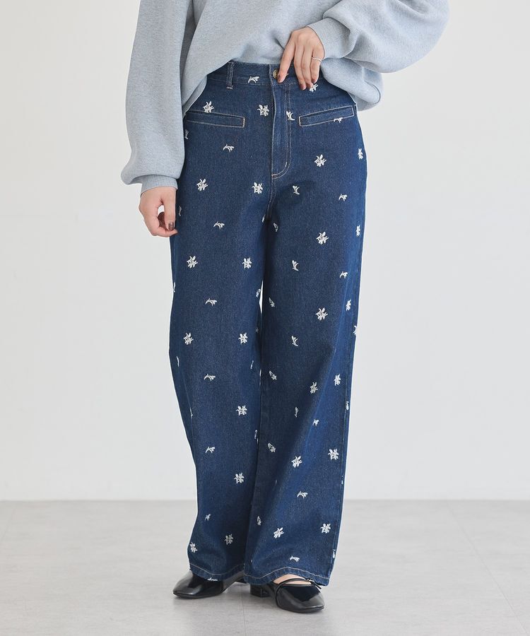 earth music&ecology「刺繍ワイドデニムパンツ」|デニム|