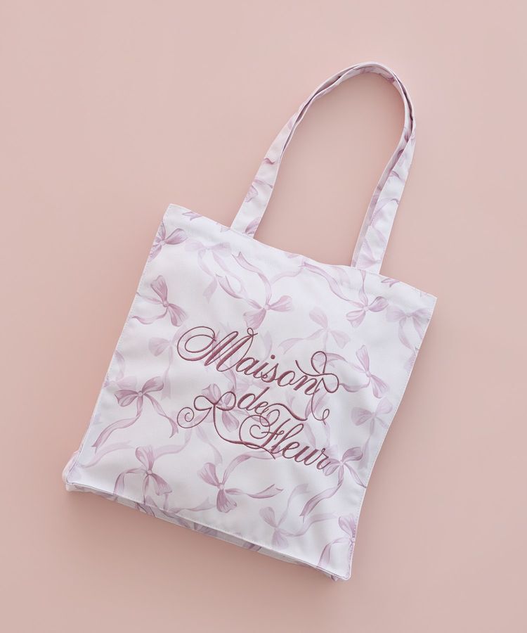 Maison de FLEUR「【A4対応】ブランドロゴ刺繍リボンプリントスクエアトート」|トートバッグ|ピンク