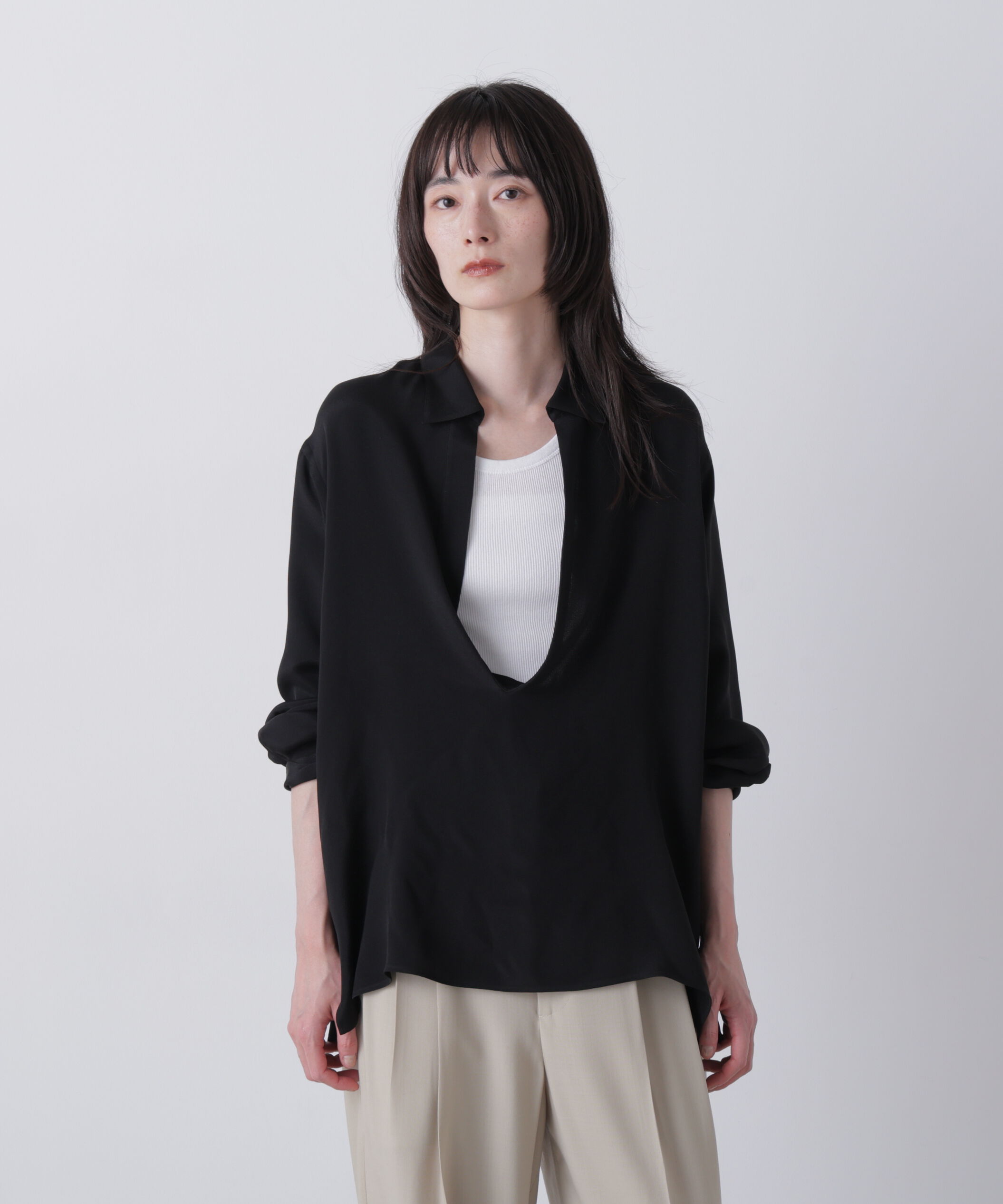 YLEVE 「YLEVE / SILK DE CHINE SKIPPER SHIRT」|シャツ・ブラウス|BLACK