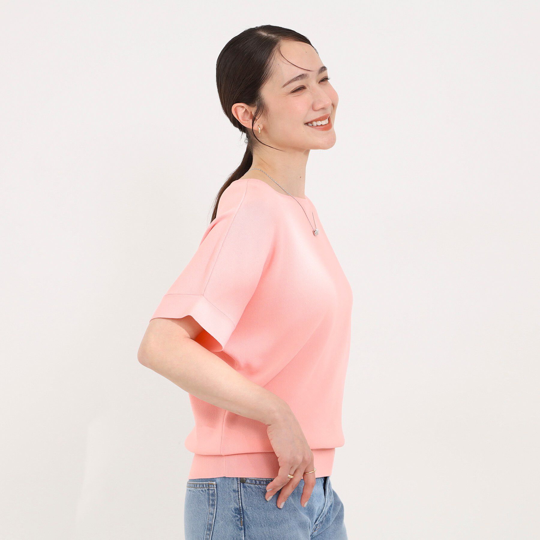 SHOO･LA･RUE「【毎日洗える/UV】二の腕隠れる さらっとドルマン半袖ニット」|ニット・セーター|