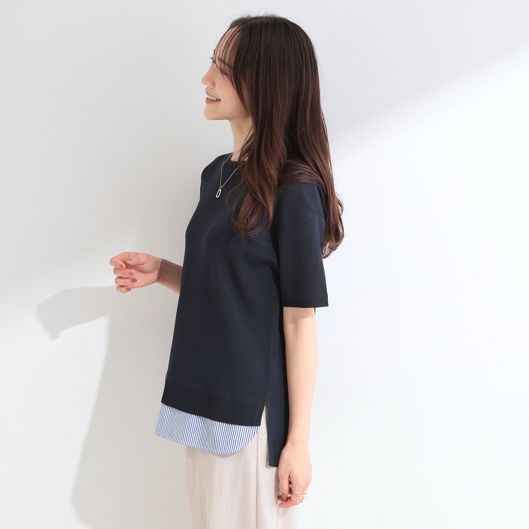 SHOO･LA･RUE「【UV/洗濯機可/S-LL】毛玉になりにくい シャツレイヤード風でこなれ見え 半袖ニット」|ニット・セーター|