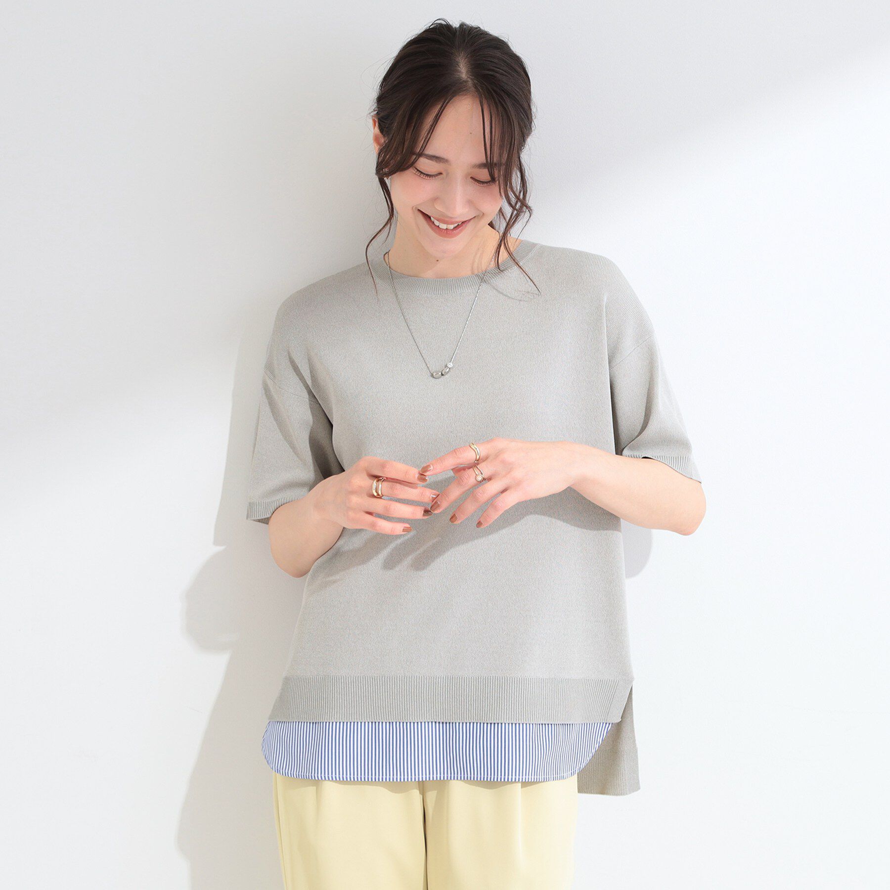 SHOO･LA･RUE「【UV/洗濯機可/S-LL】毛玉になりにくい シャツレイヤード風でこなれ見え 半袖ニット」|ニット・セーター|