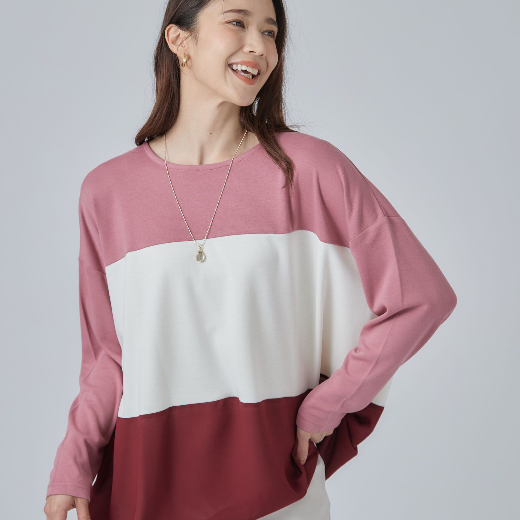 SHOO･LA･RUE「【S-LL/洗濯機可】三段切り替え 長袖トップス」|Tシャツ・カットソー|ボルドー(064)