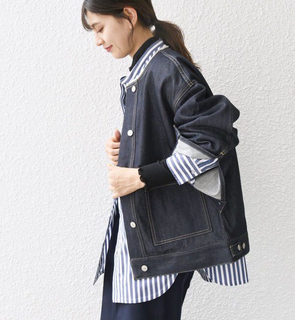 SHIPS any「ノーカラー デニム ブルゾン［SHIPS any DENIM］」|デニムジャケット|ダークネイビー