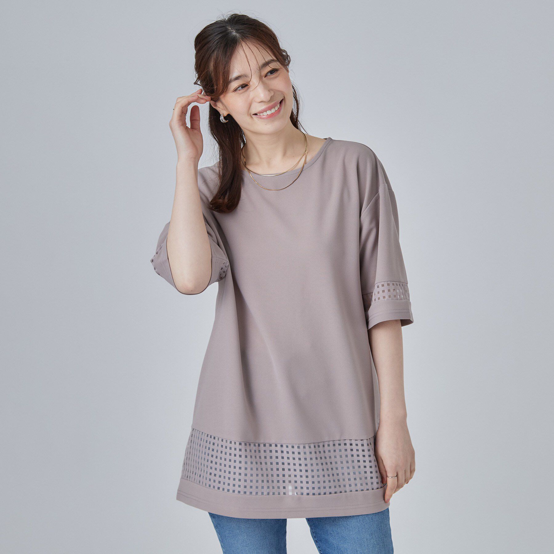 SHOO･LA･RUE「【S-LL】上品に体型カバー 大人のシアーチェックチュニック」|チュニック|