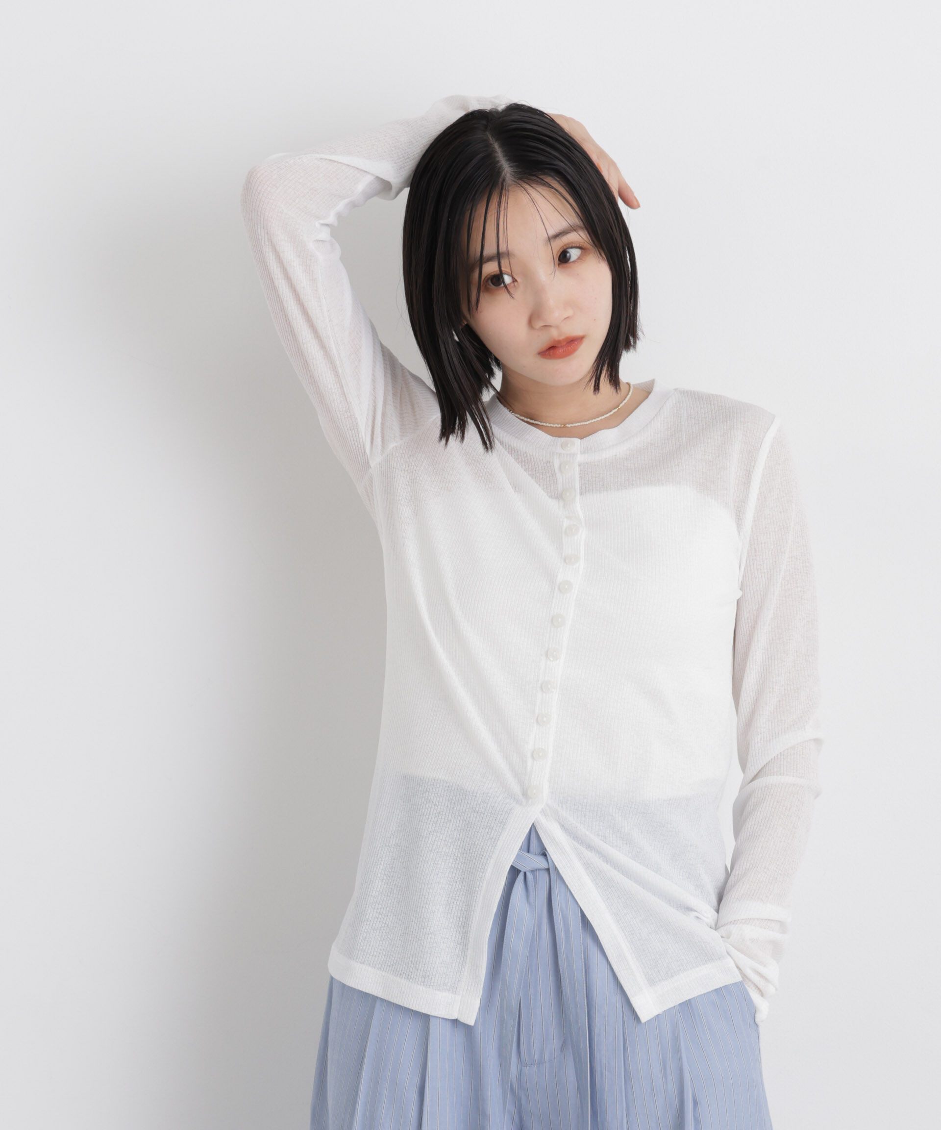 NANO universe「シアーリブカットソー多ボタンデザイントップス」|Tシャツ・カットソー|オフホワイト1