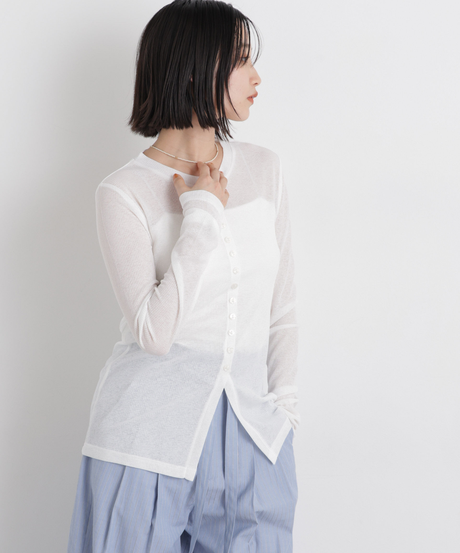 NANO universe「シアーリブカットソー多ボタンデザイントップス」|Tシャツ・カットソー|