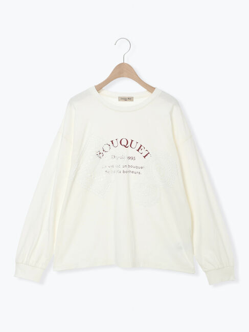 Samansa Mos2「レース付きロゴプリントロングTシャツ」|Tシャツ・カットソー|クリーム