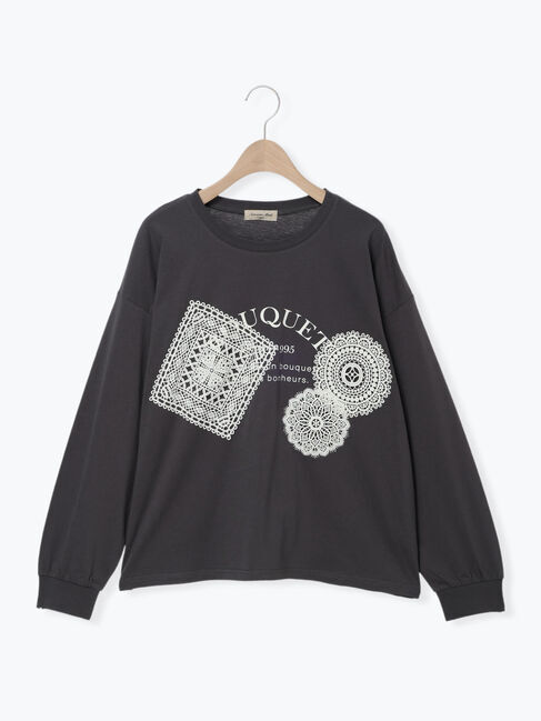 Samansa Mos2「レース付きロゴプリントロングTシャツ」|Tシャツ・カットソー|チャコールグレー