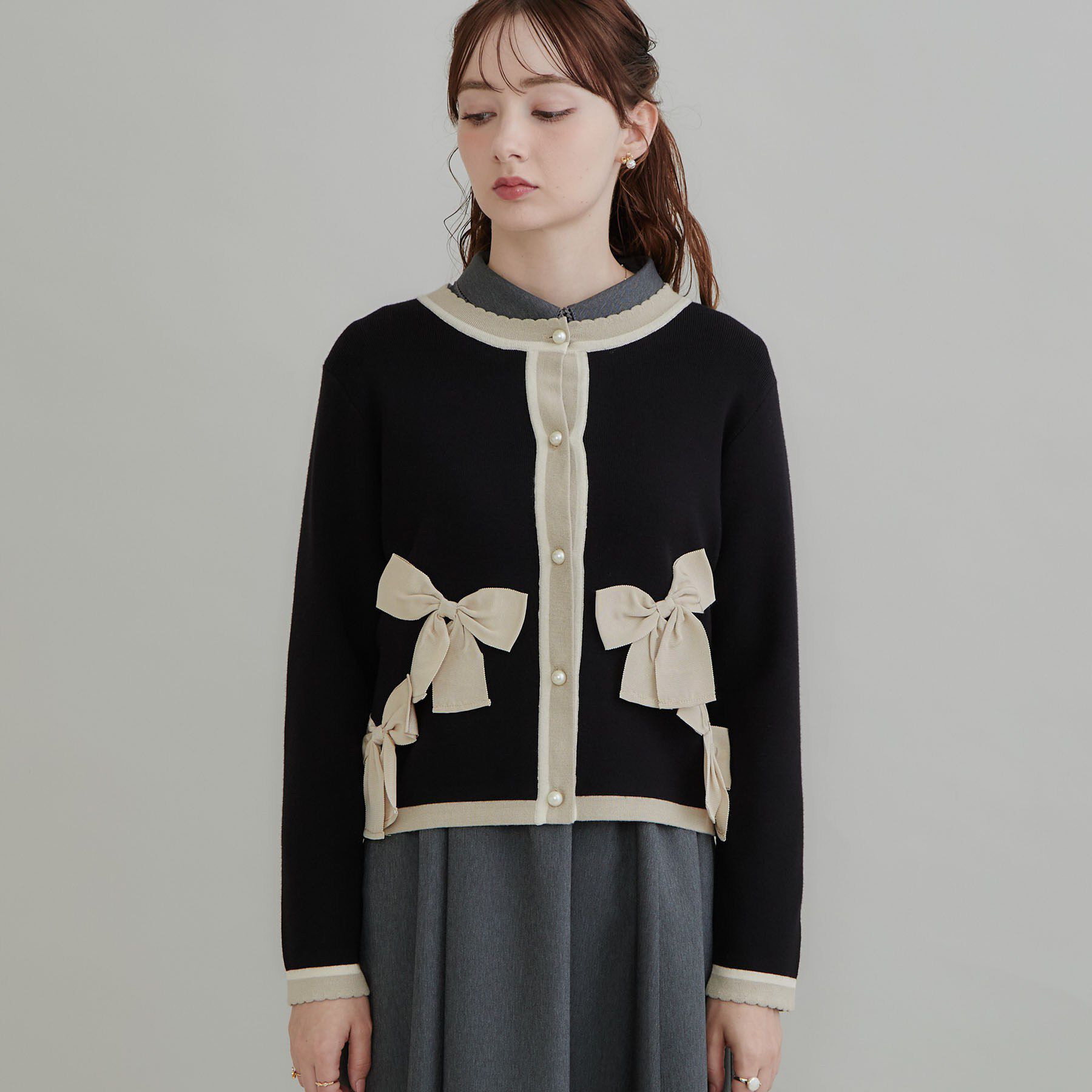 Couture broach「【リボンが主役】配色 総針スカラカーディガン」|カーディガン|