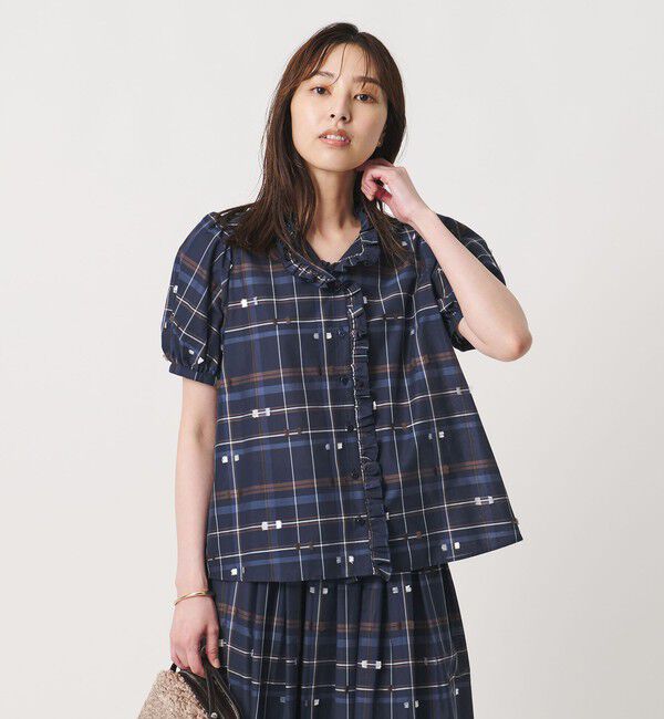 UNITED ARROWS「チェック リボン カットジャガード ブラウス」|シャツ・ブラウス|NAVY