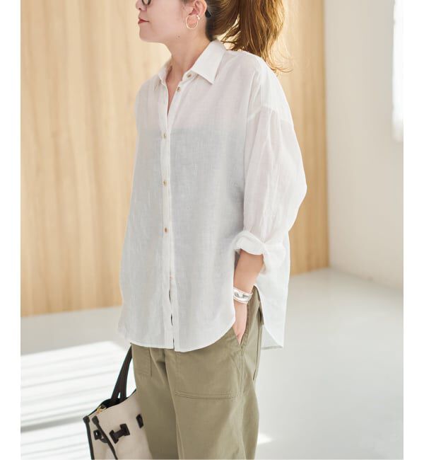 Spick and Span「《程よくすっきりサイズ / 追加》 80リネンカシュクール ミディシャツ」|シャツ・ブラウス|ホワイト