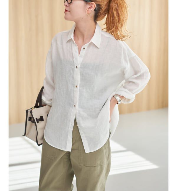 Spick and Span「《程よくすっきりサイズ / 追加》 80リネンカシュクール ミディシャツ」|シャツ・ブラウス|