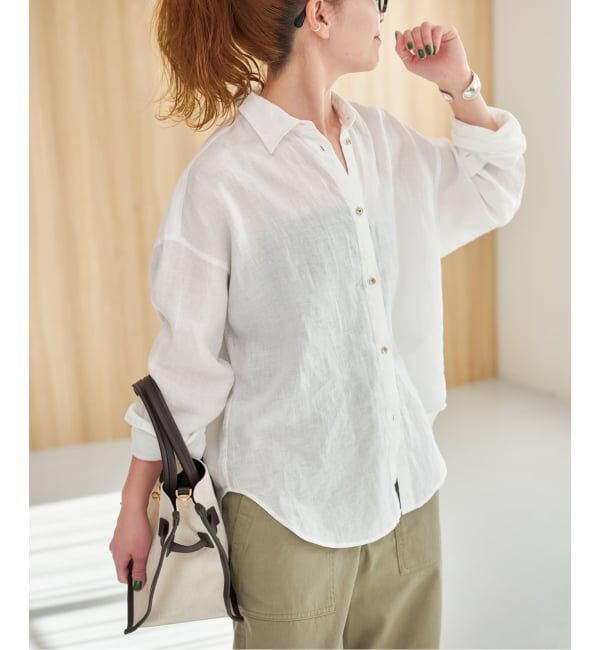 Spick and Span「《程よくすっきりサイズ / 追加》 80リネンカシュクール ミディシャツ」|シャツ・ブラウス|