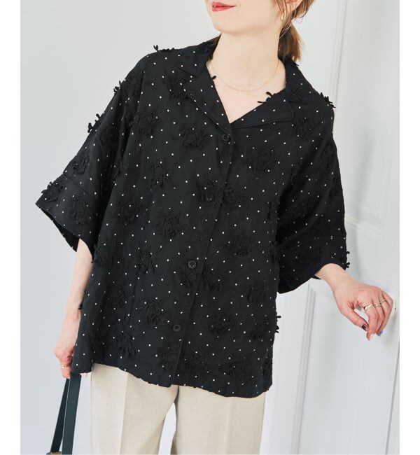 Spick and Span「crinkle crinkle crinkle dot 3D embroidery open collar shirt」|シャツ・ブラウス|ブラック
