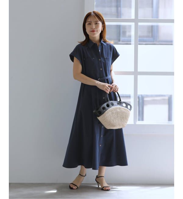  「【洗える】リベットシャツフレンチスリーブワンピース」|ワンピース|
