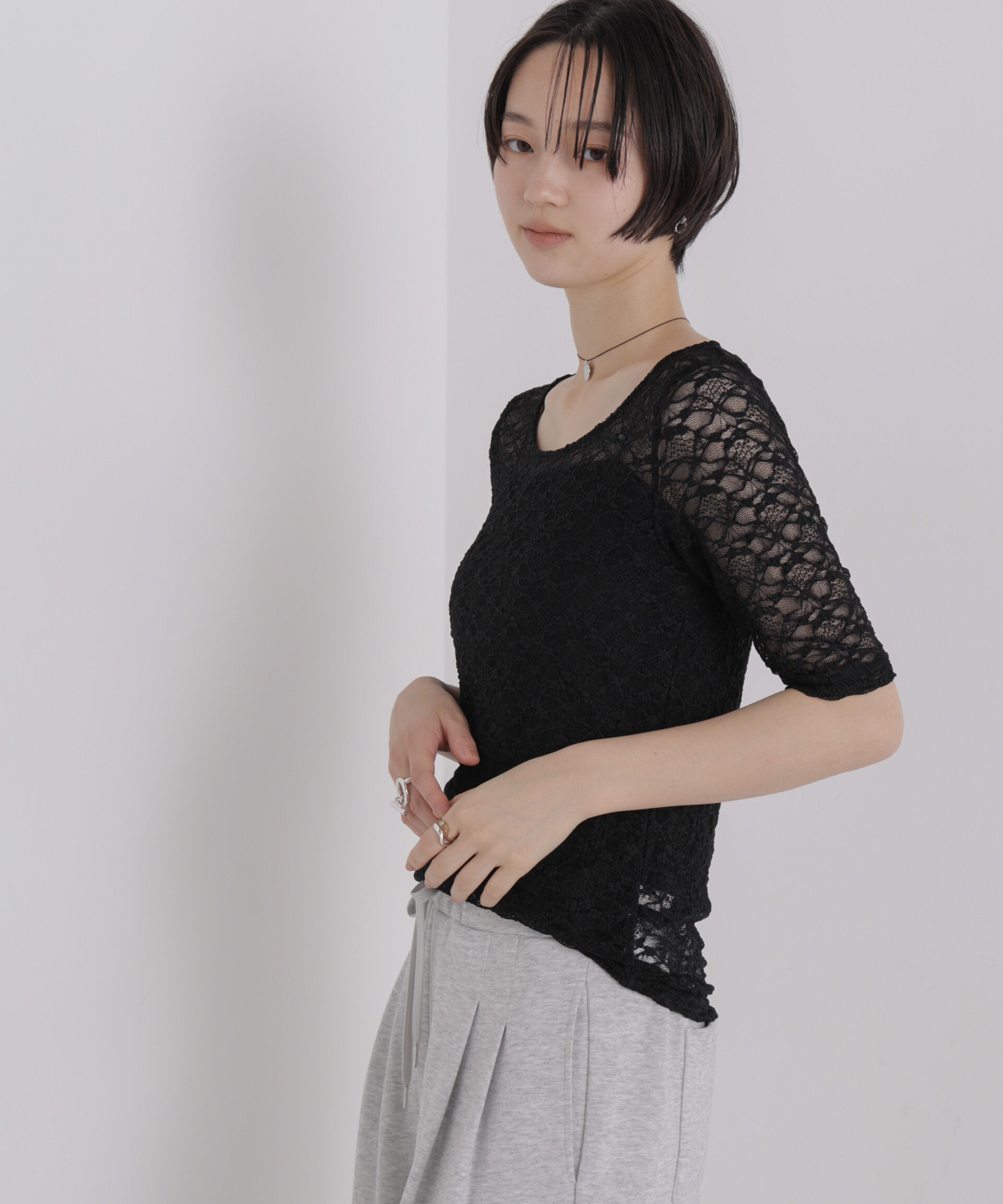 NANO universe「前後2wayシアーストレッチレーストップス」|Tシャツ・カットソー|ブラック