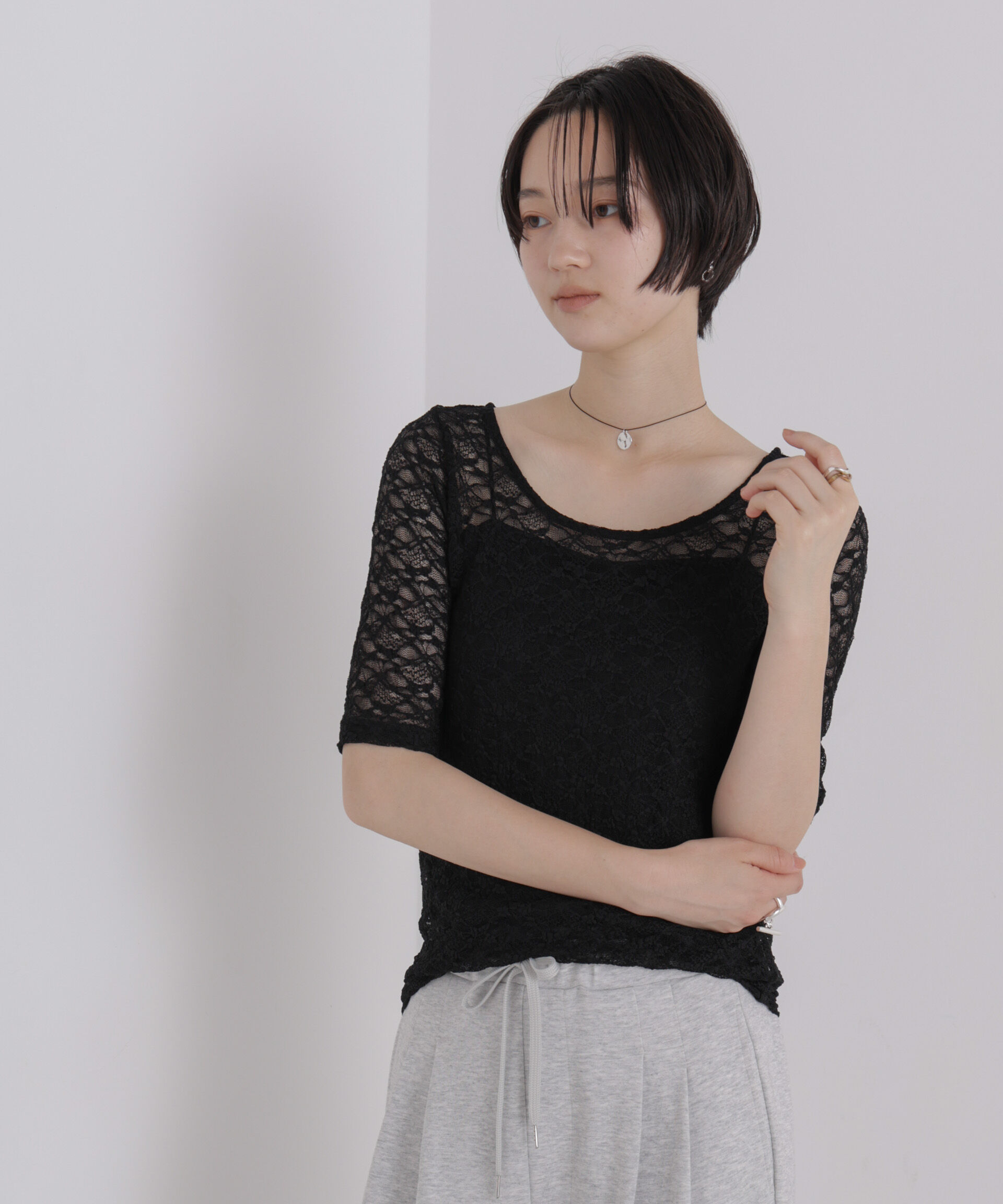 NANO universe「前後2wayシアーストレッチレーストップス」|Tシャツ・カットソー|