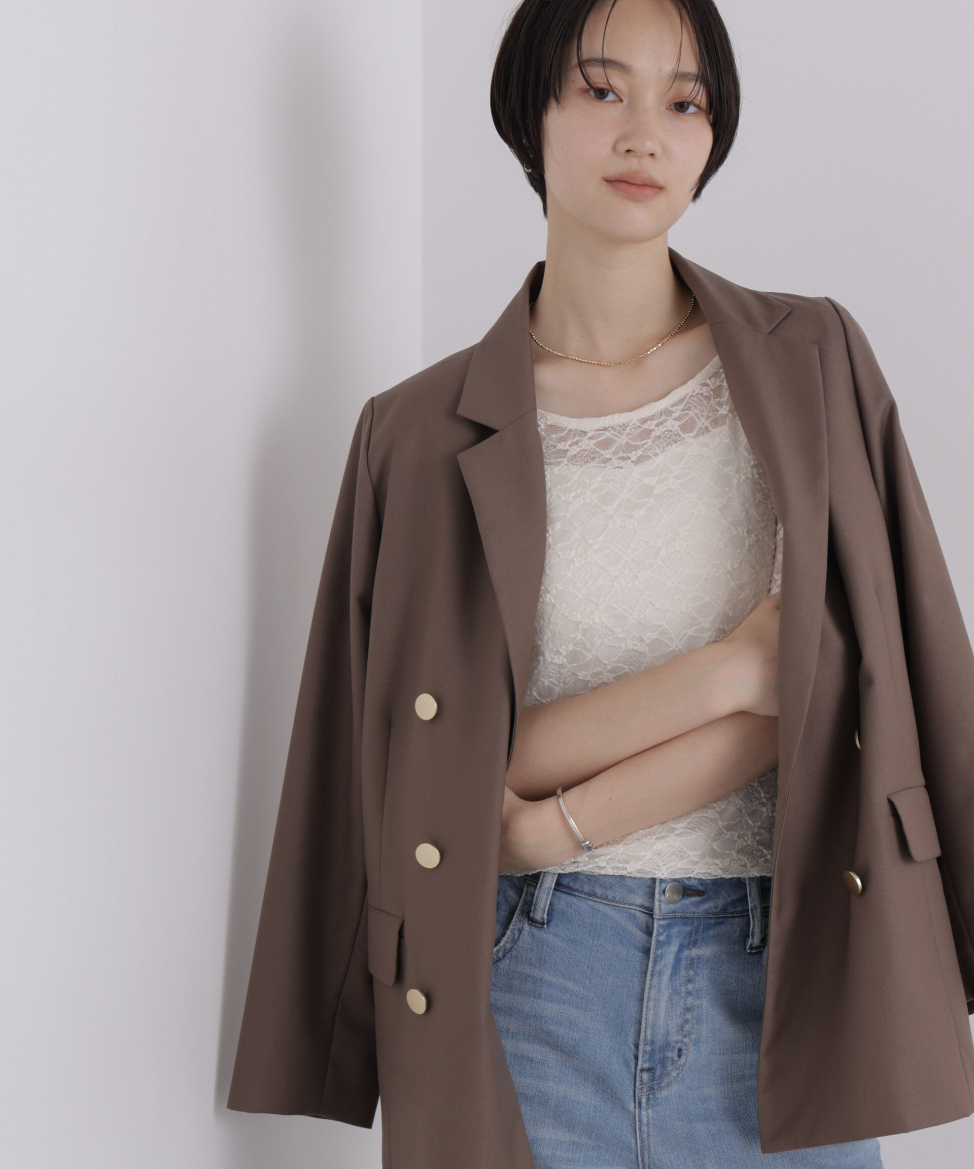 NANO universe「前後2wayシアーストレッチレーストップス」|Tシャツ・カットソー|