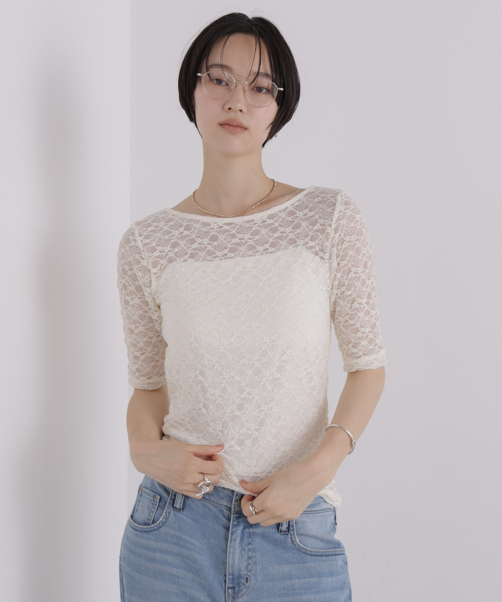 NANO universe「前後2wayシアーストレッチレーストップス」|Tシャツ・カットソー|
