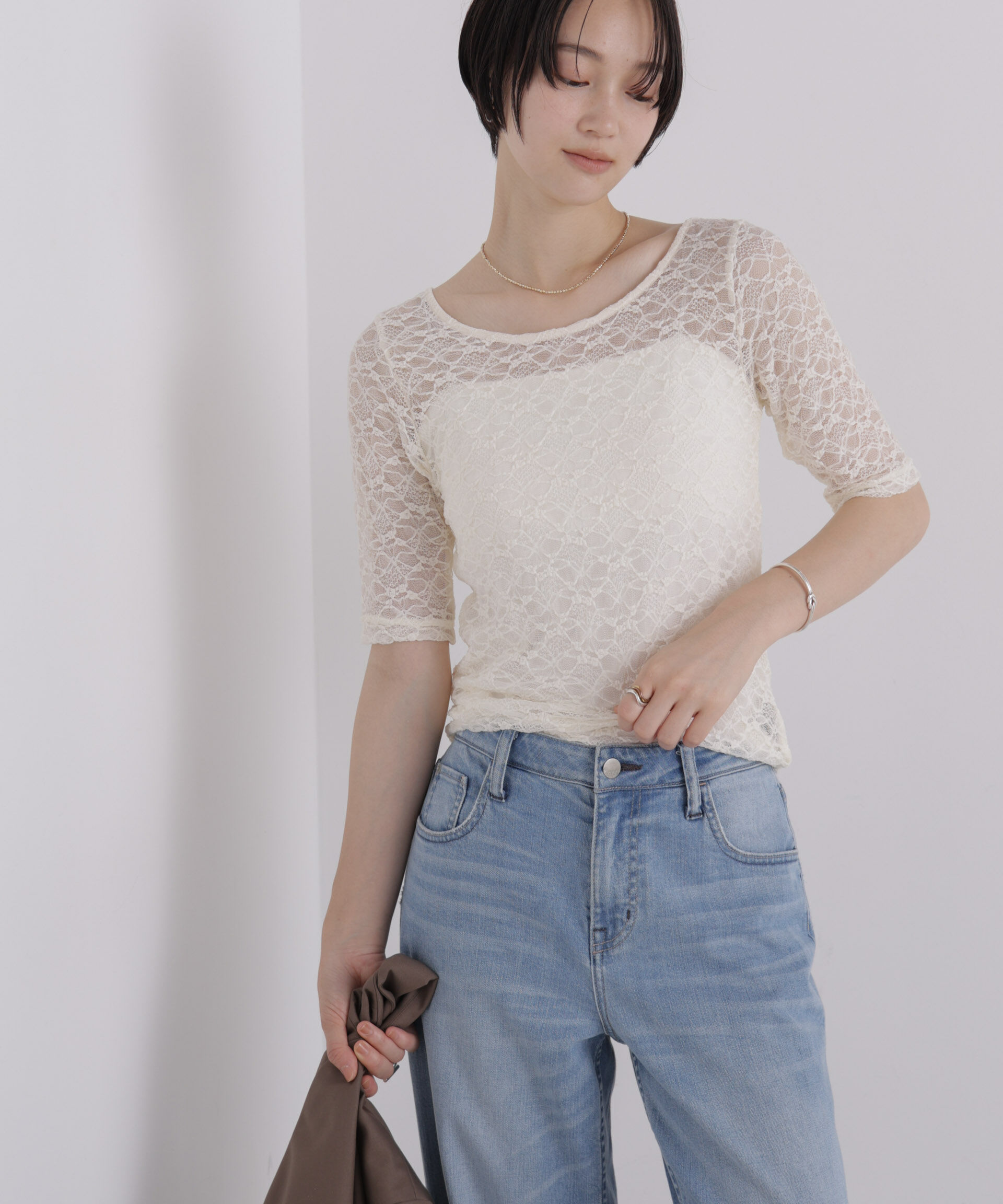 NANO universe「前後2wayシアーストレッチレーストップス」|Tシャツ・カットソー|