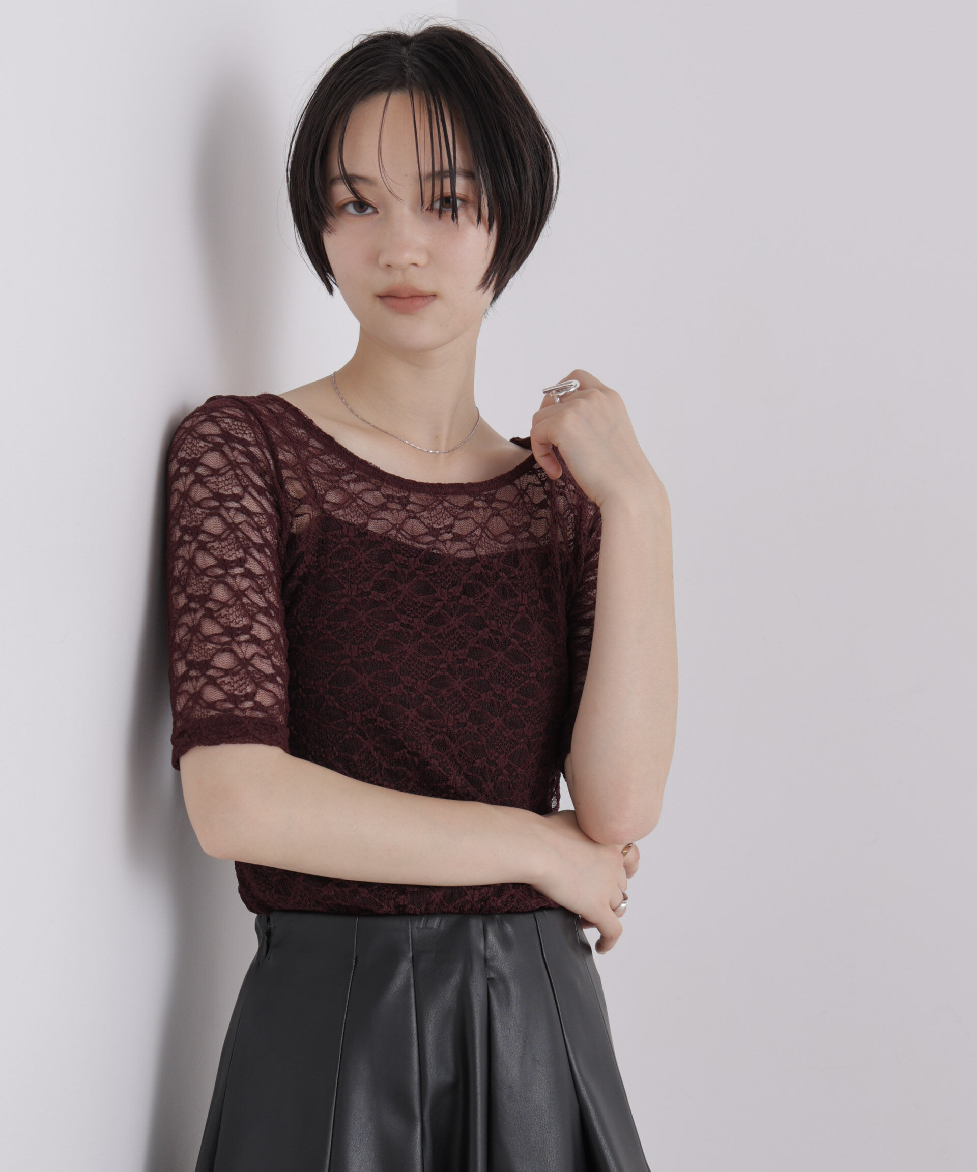 NANO universe「前後2wayシアーストレッチレーストップス」|Tシャツ・カットソー|