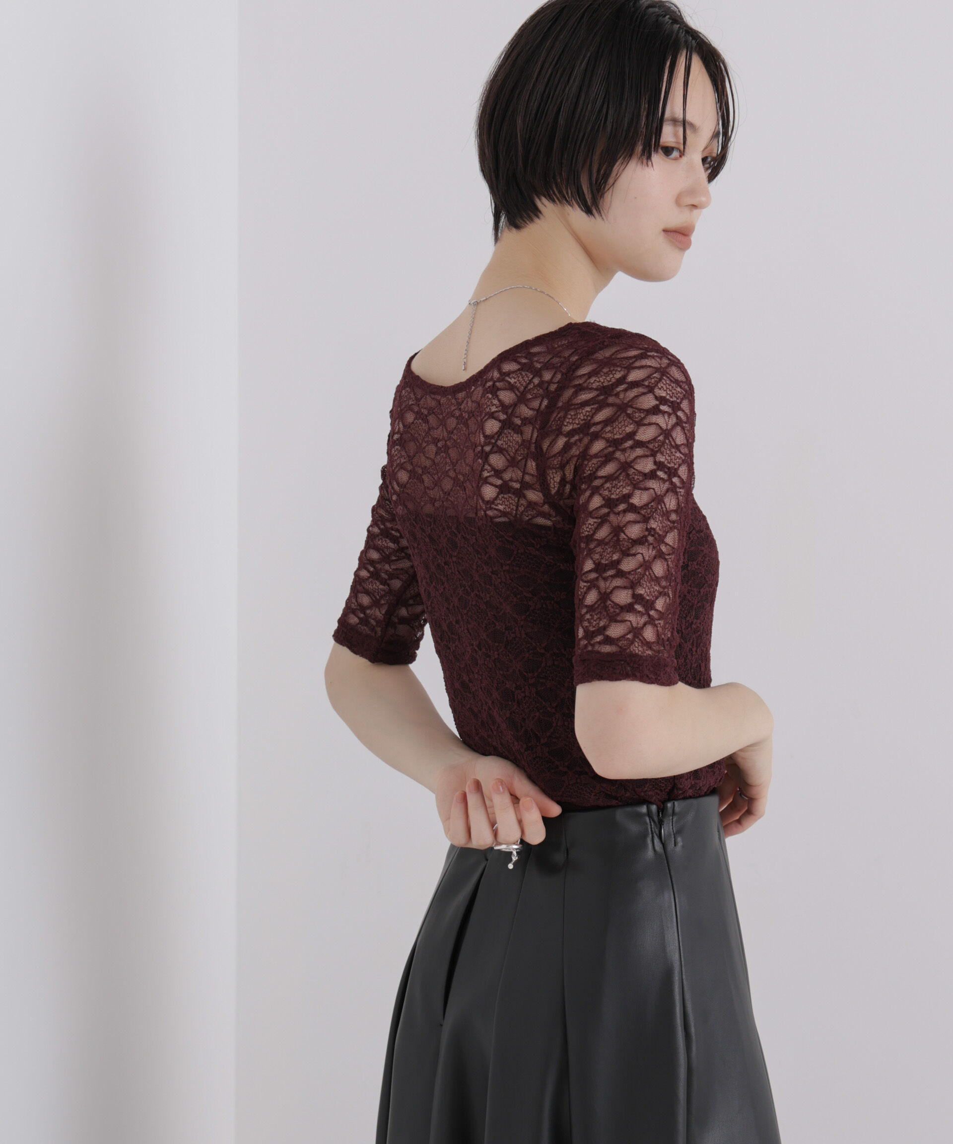 NANO universe「前後2wayシアーストレッチレーストップス」|Tシャツ・カットソー|