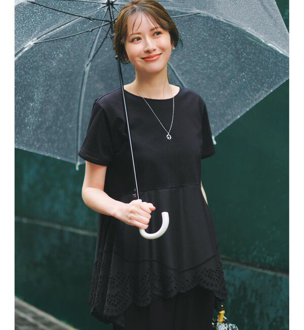 23区「エンブロイダリーコンビジャージー ぺプラム カットソー」|Tシャツ・カットソー|ブラック系