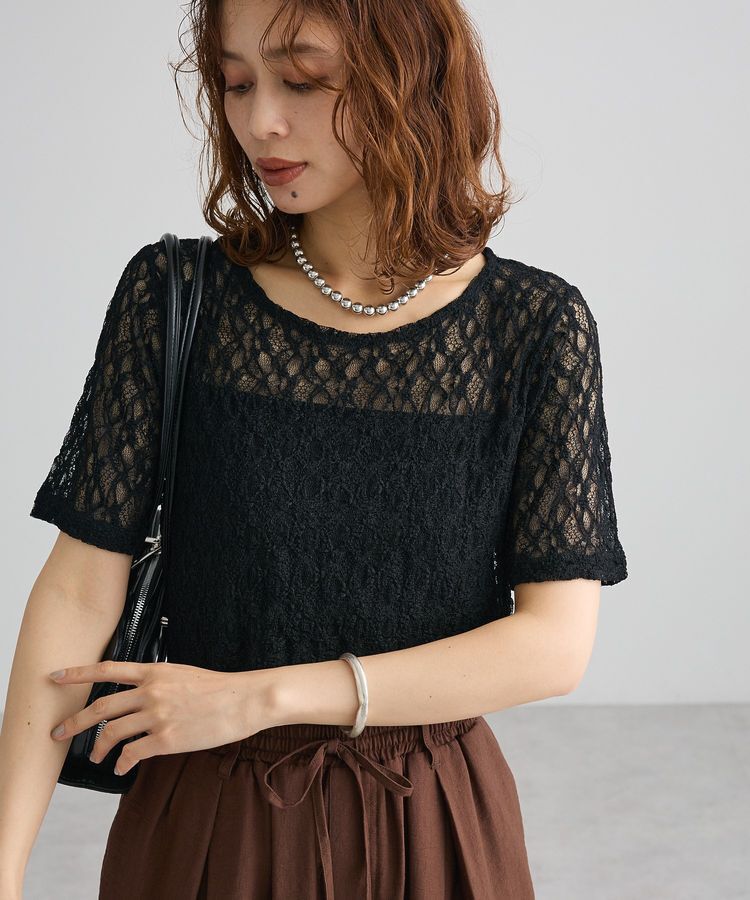 Green Parks「レース半袖プルオーバー」|Tシャツ・カットソー|Black