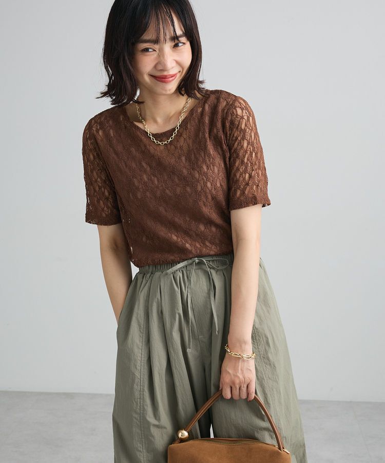 Green Parks「レース半袖プルオーバー」|Tシャツ・カットソー|Brown