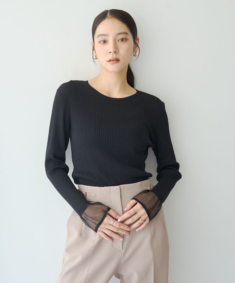 YECCA VECCA「袖口シアーリブニット」|ニット・セーター|Black