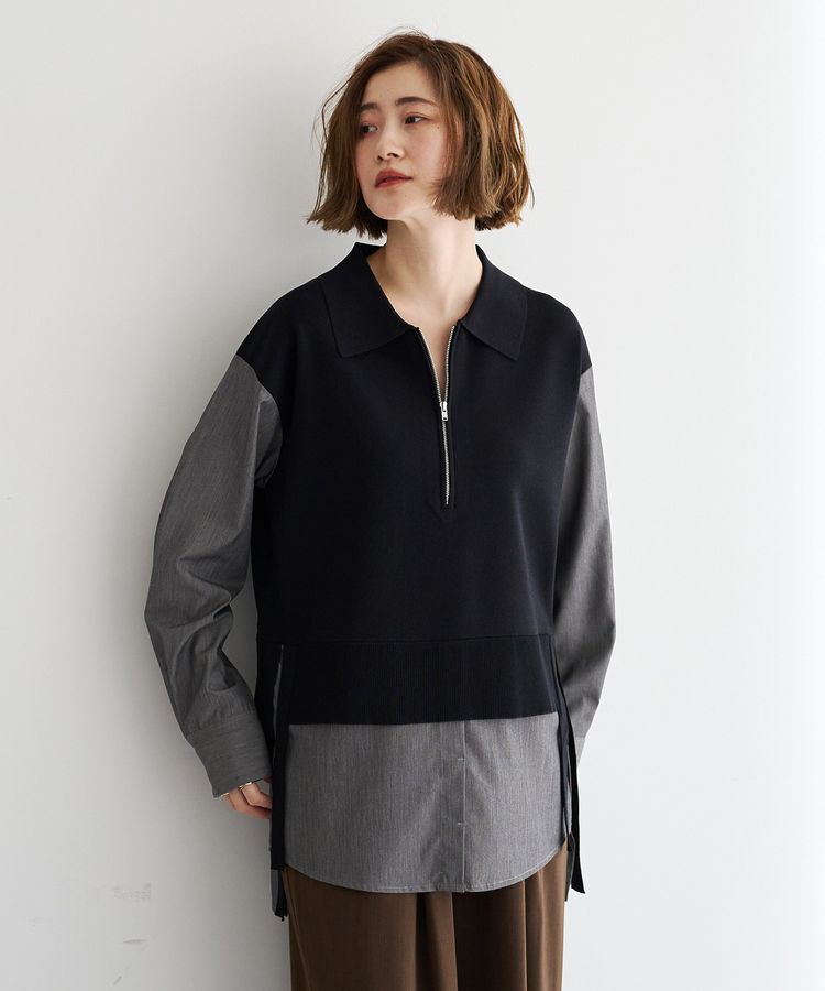 Editt by YECCA VECCA「ハーフZIPニットレイヤードシャツ」|シャツ・ブラウス|Black