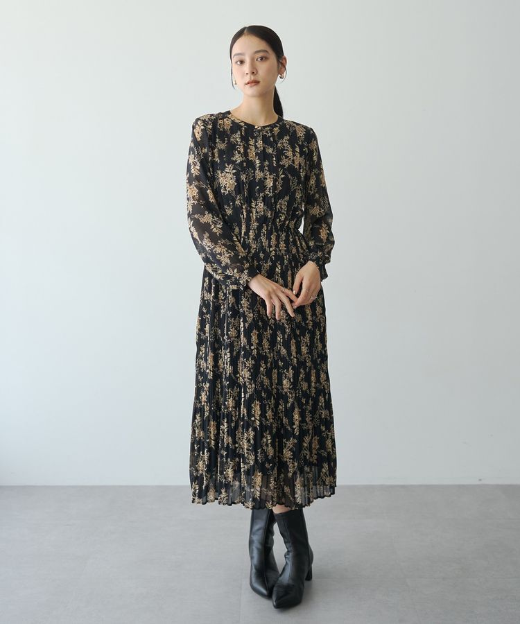 YECCA VECCA「ヴィンテージフラワー柄プリーツワンピース」|ワンピース|Black