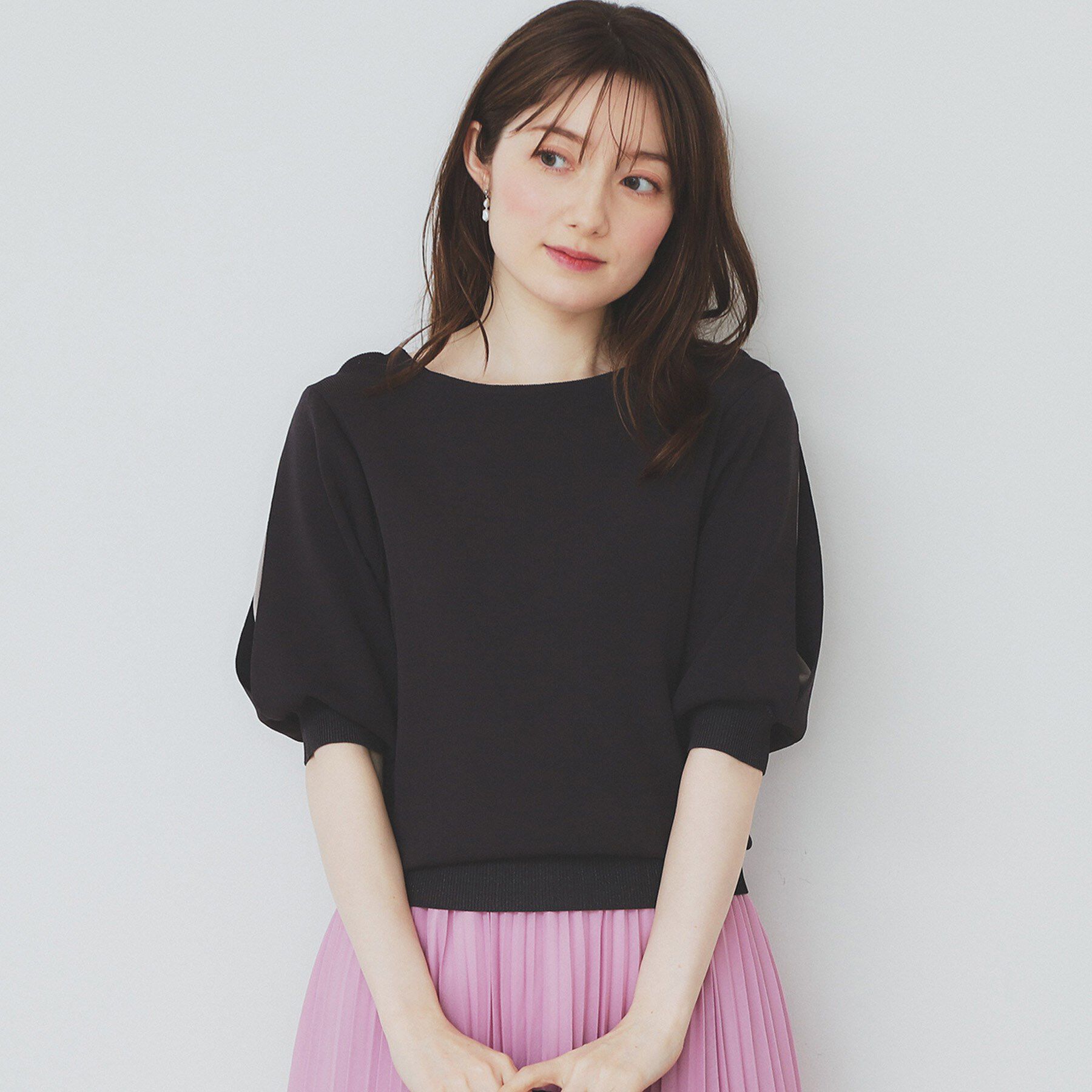 index「《6色展開／XS-LLサイズ》ドライタッチ デザインスリーブニット【洗濯機洗い可／接触冷感／抗ピル】」|ニット・セーター|チャコールグレー(0