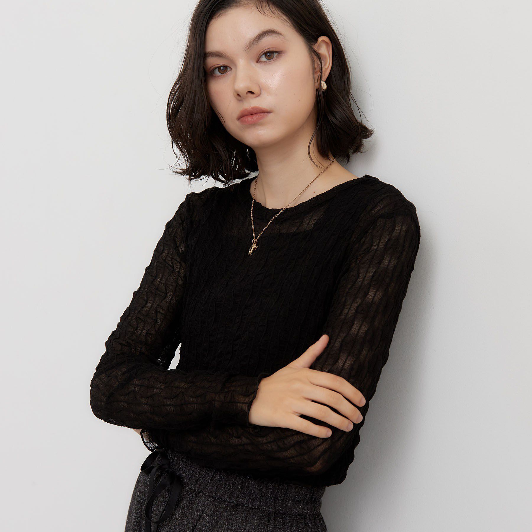 THE SHOP TK「クリンクルシアークルーネックカットソー」|Tシャツ・カットソー|ブラック(019)