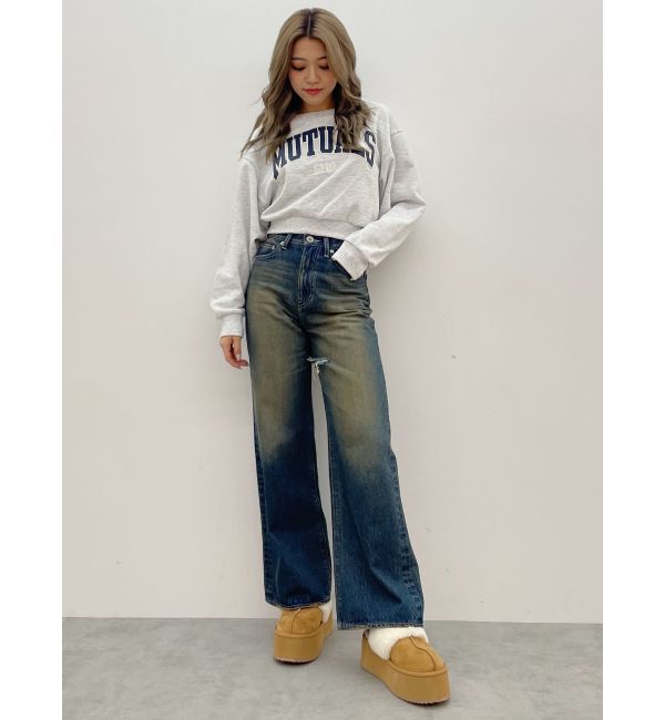 GYDA「ハイウエストSymmetryGYDA INNER RIPPEDワイドデニムパンツ」|デニム|