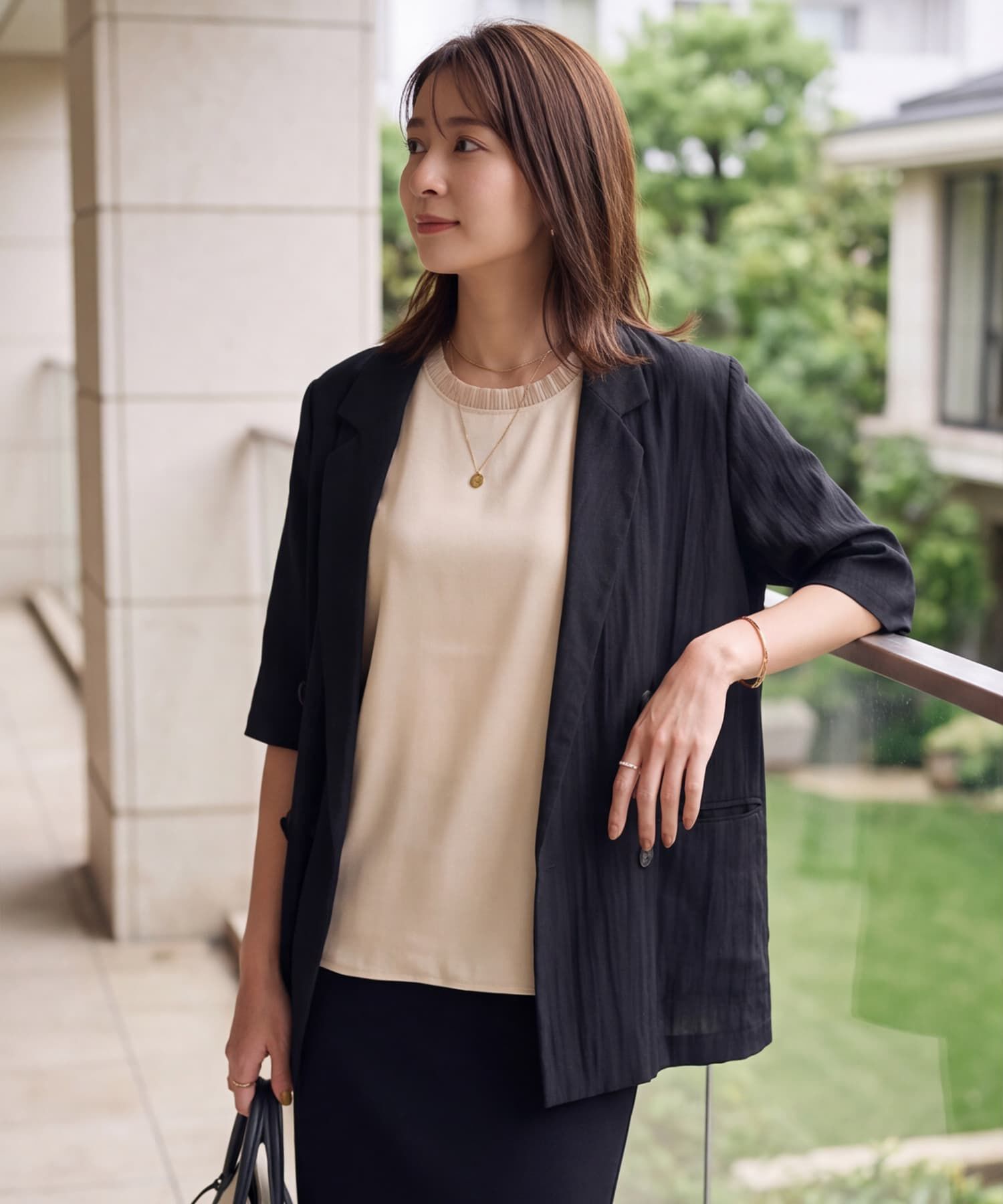 STYLE DELI「【LUXE】チュールトリミングなめらかノースリブラウス」|シャツ・ブラウス|