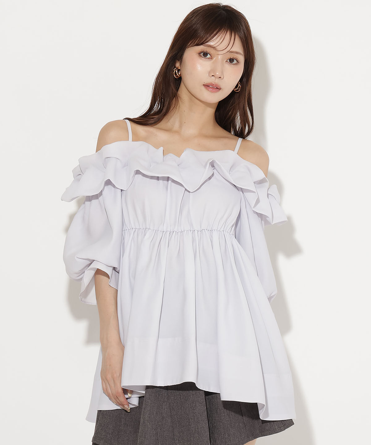 アンドクチュール「オフショルバルーンフリルチュニックブラウス」|チュニック|サックス