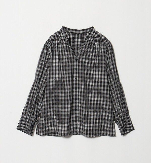 EMMEL REFINES「＜EMMEL REFINES＞EM ソデギャザー キーネック チェックシャツ」|シャツ・ブラウス|BLACK