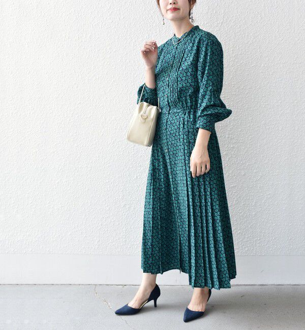 SHIPS for women「〈手洗い可能〉ドット / 花柄 バンドカラー サイド プリーツ ワンピース」|ワンピース|ダークグリーン