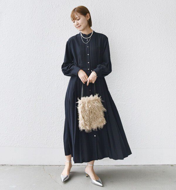 SHIPS for women「〈手洗い可能〉ドット / 花柄 バンドカラー サイド プリーツ ワンピース」|ワンピース|