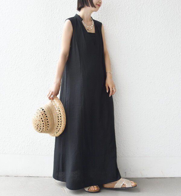 SHIPS for women「【WEB限定】〈手洗い可能〉レーヨン 麻 ステッチ デザイン Vネック ワンピース」|ワンピース|ブラック