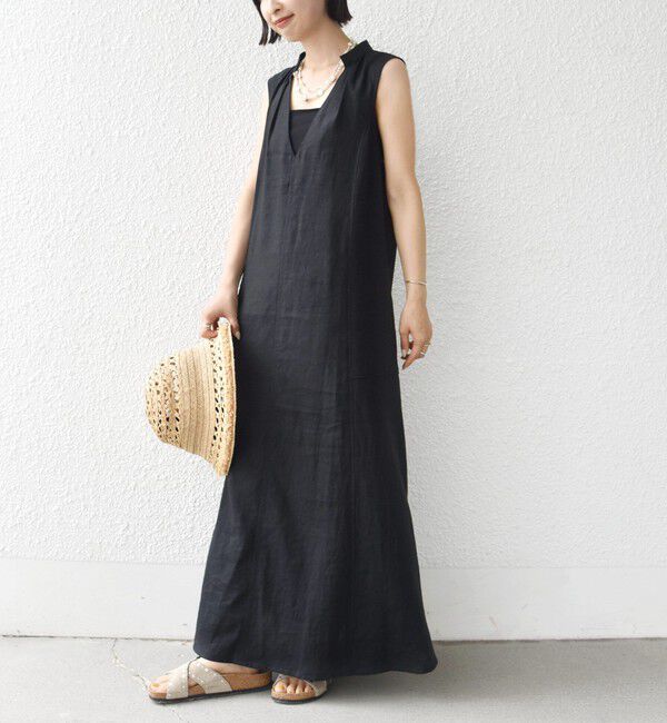 SHIPS for women「【WEB限定】〈手洗い可能〉レーヨン 麻 ステッチ デザイン Vネック ワンピース」|ワンピース|