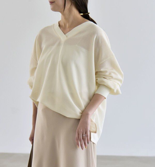 quaranciel「《予約》〈洗濯機可能〉シアー ダンボール ボタン Vネック ルーズ プルオーバー」|Tシャツ・カットソー|
