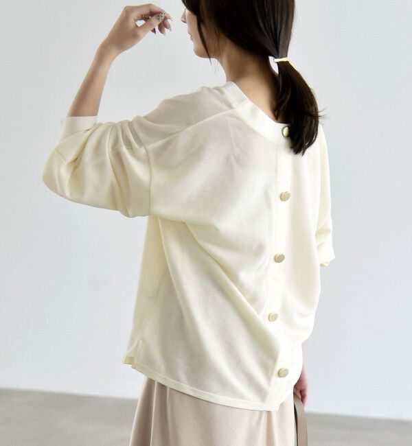 quaranciel「《予約》〈洗濯機可能〉シアー ダンボール ボタン Vネック ルーズ プルオーバー」|Tシャツ・カットソー|