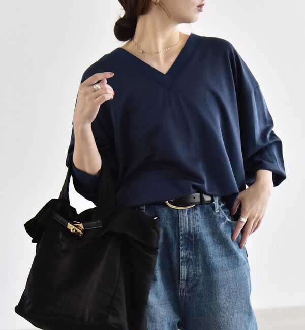 quaranciel「《予約》〈洗濯機可能〉シアー ダンボール ボタン Vネック ルーズ プルオーバー」|Tシャツ・カットソー|