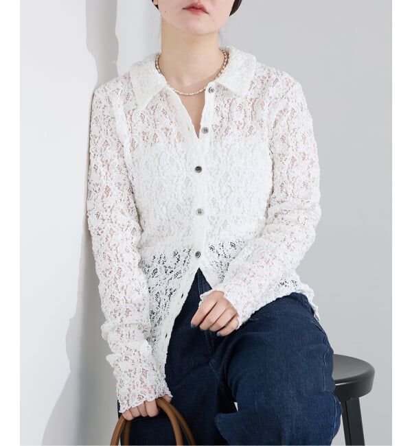 IENA「Flowerストレッチレース ポロシャツ」|Tシャツ・カットソー|ホワイト