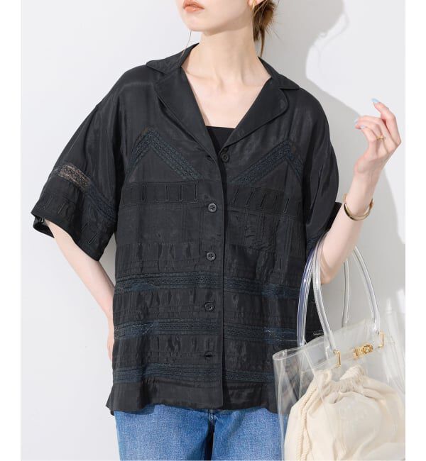 SLOBE IENA「crinkle crinkle crinkle SLOBE別注  tuck lace open collar シャツ」|シャツ・ブラウス|ブラック
