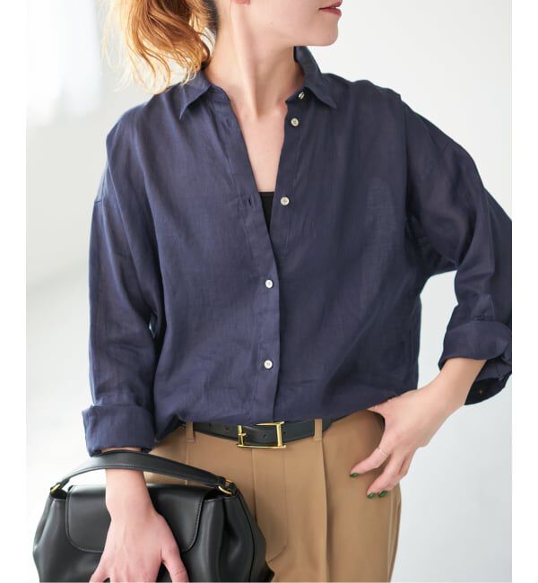 Spick and Span「《程よくすっきりサイズ》 80リネンカシュクール ミディシャツ」|シャツ・ブラウス|