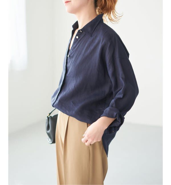 Spick and Span「《程よくすっきりサイズ》 80リネンカシュクール ミディシャツ」|シャツ・ブラウス|